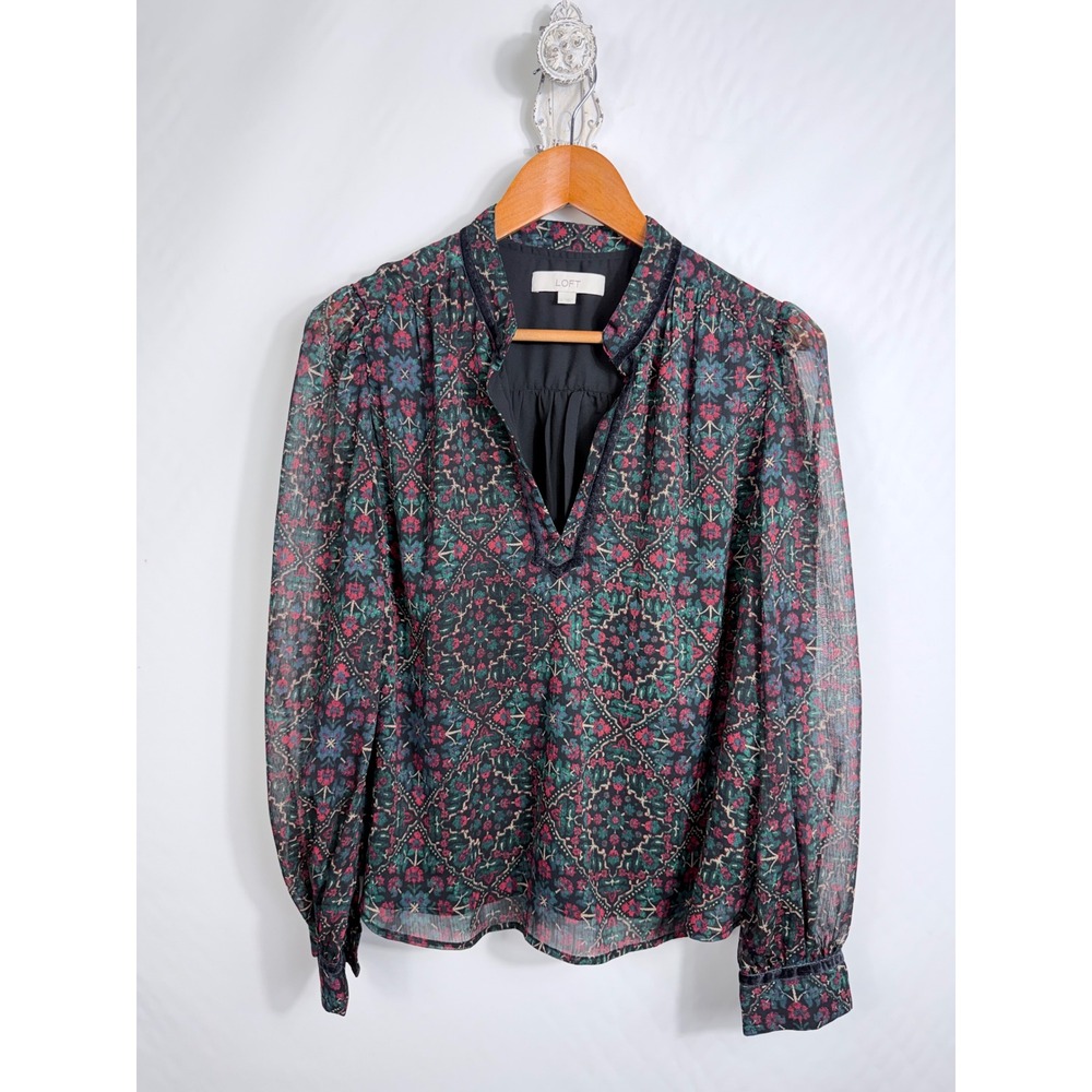 LOFT Blouse Womens Large Black Floral Medallion Velvet Trim Boho Balloon Sleeve